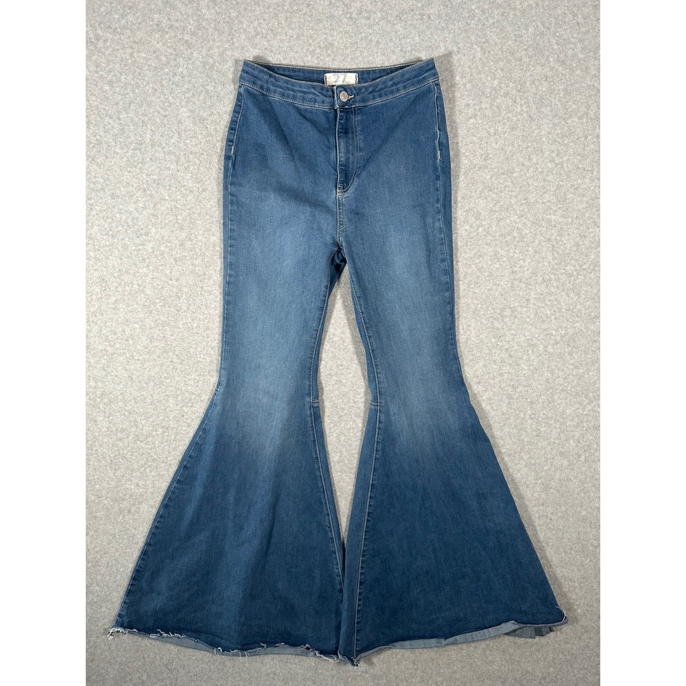 We The Free Just Float On Flare Jeans Blue High Rise Bell Bottom Raw Hem Size 27